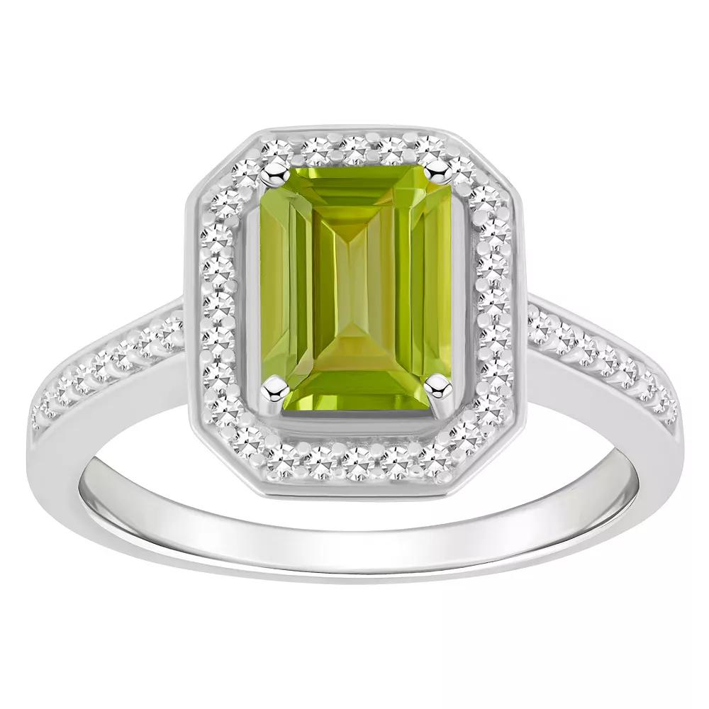 Celebration Gems Sterling Silver 8 mm x 6 mm Emerald Cut Gemstone & 1/5 Carat T.W. Diamond Halo Ring, Women's, Peridot Product Image