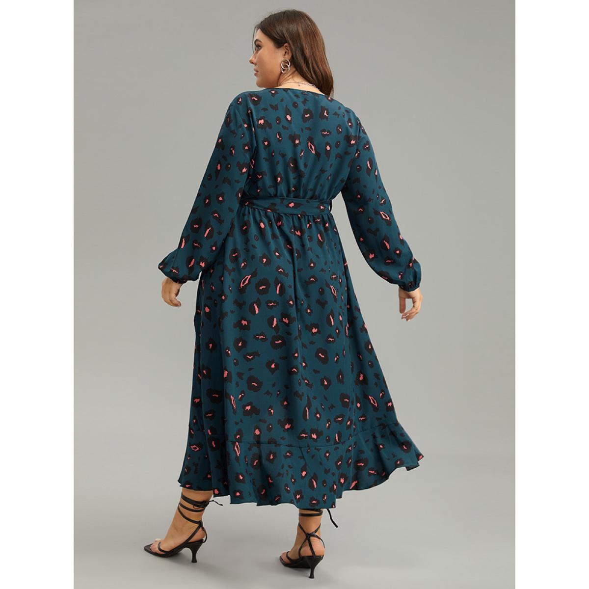 Plus Size Allover Print Surplice Neck Flutter Trim Dress DarkSlateGray Women Elegant Elastic cuffs V-neck Long Sleeve Curvy Midi Dress BloomChic 18-20/2X Product Image