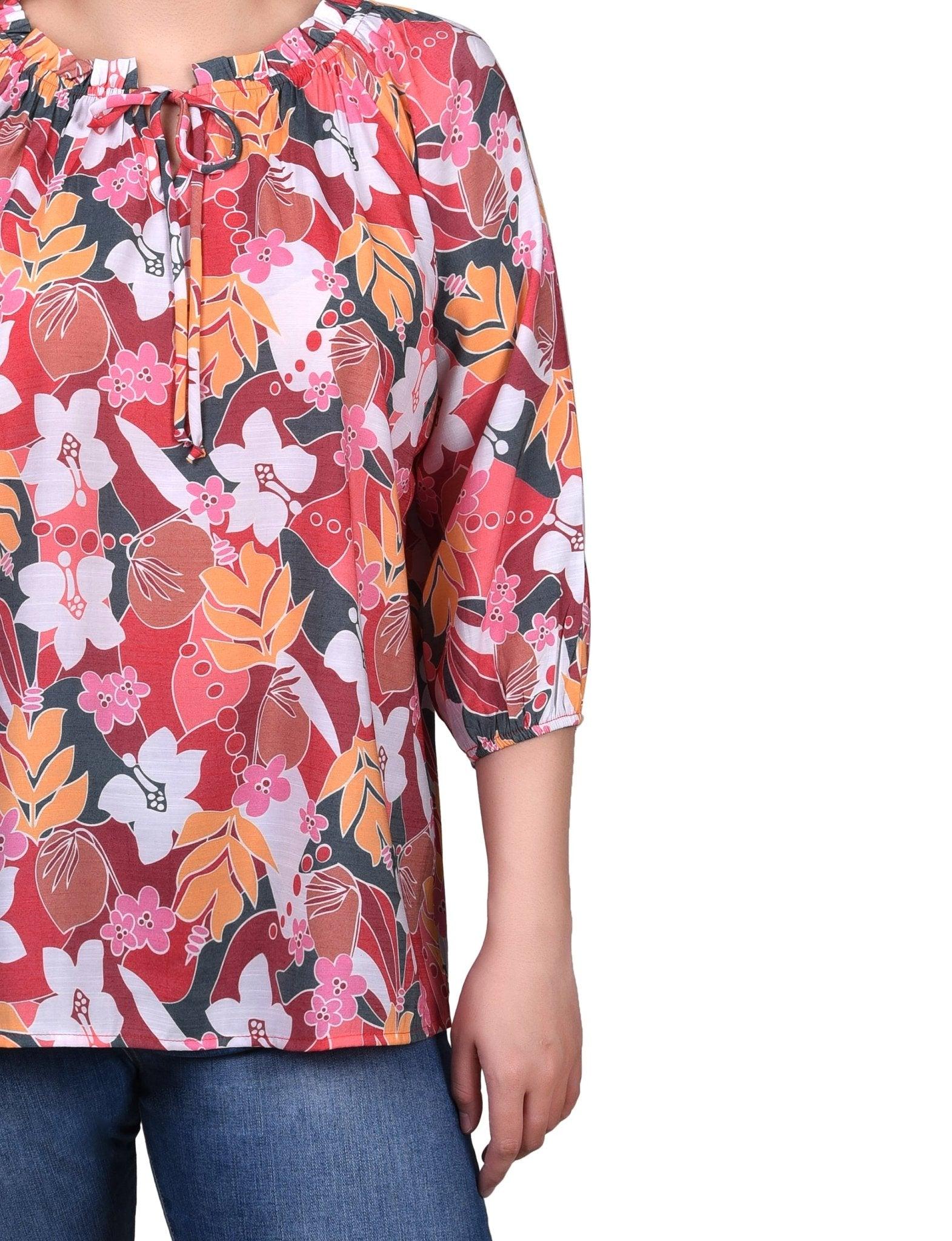 3/4 Length Sleeve Drawstring Neck Blouse - Petite Product Image