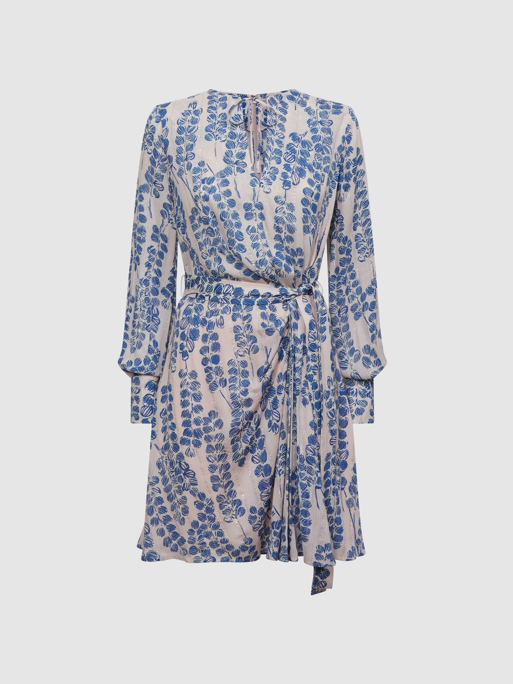 Printed Belted Long Sleeve Mini Dress in Pink/Blue Product Image
