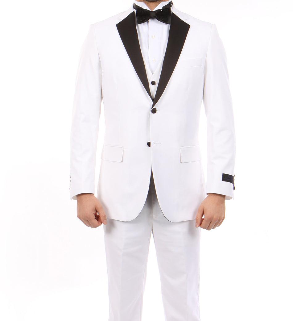 White Modern Fit Tuxedo 3 Piece with Black Lapel 6 Button Vest Product Image