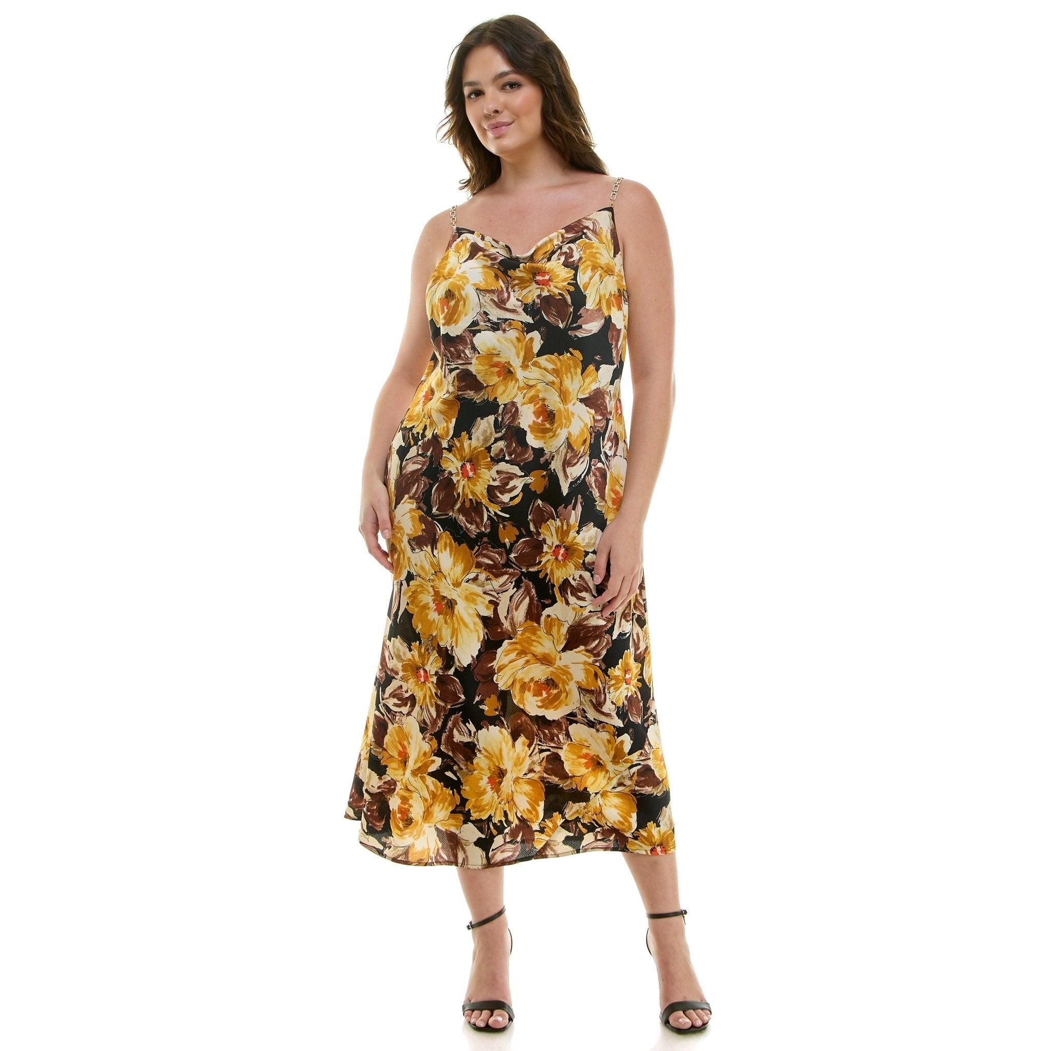 Detachable Chain Trim Strap Cowl Neck Dress, Gold/Olive/Ivory - Plus Product Image