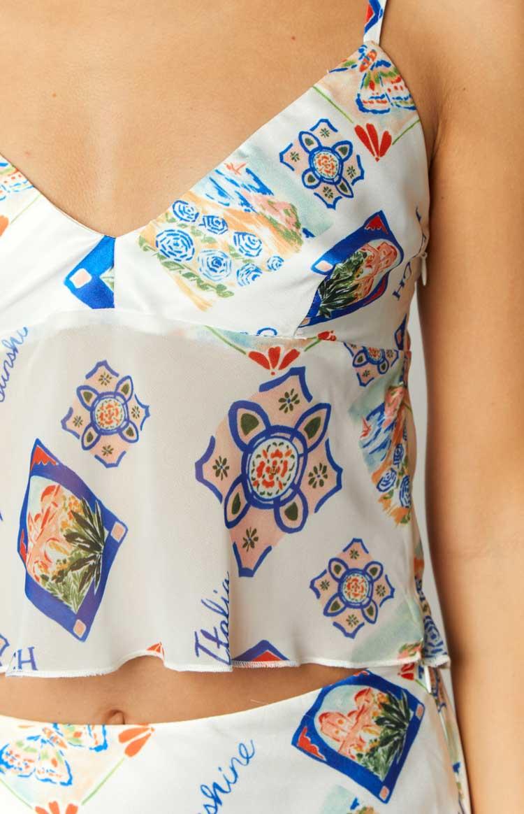 Kyrah White Satin Italia Print Crop Top Product Image