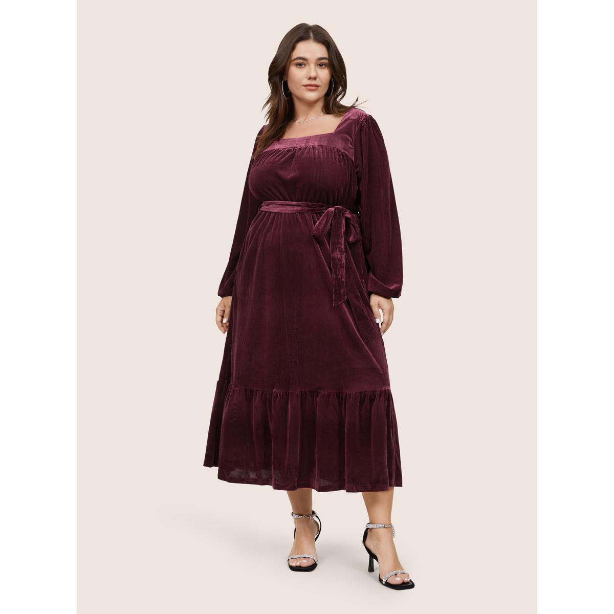 Plus Size Velvet Belted Square Neck Gathered Dress Russet Women Glamour Velvet Square Neck Long Sleeve Curvy Midi Dress BloomChic 14-16/1X Product Image