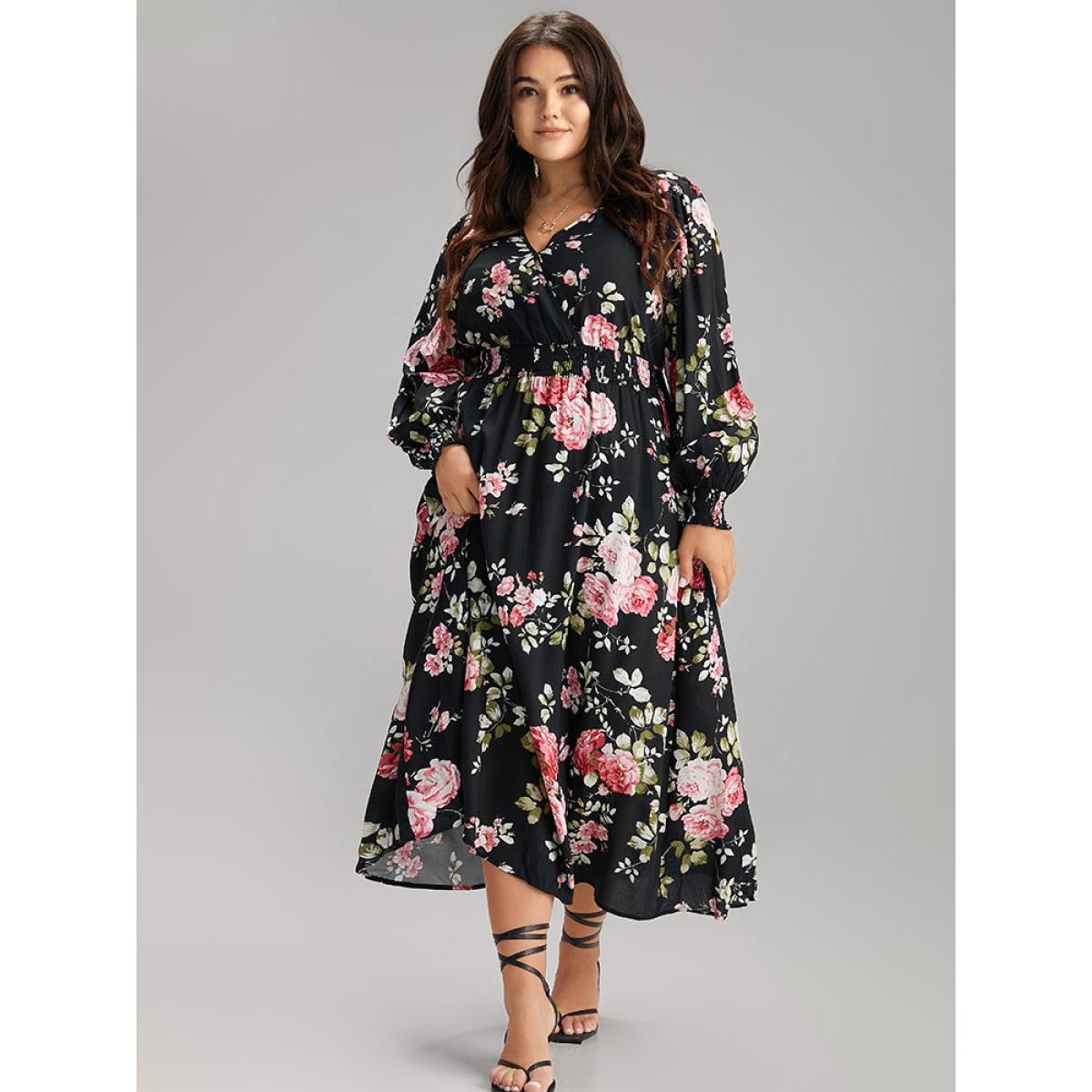 Plus Size Supersoft Essentials Floral Pocket Shirred Dress Black Women Elegant Wrap Overlap Collar Long Sleeve Curvy Midi Dress BloomChic 26/4X Product Image