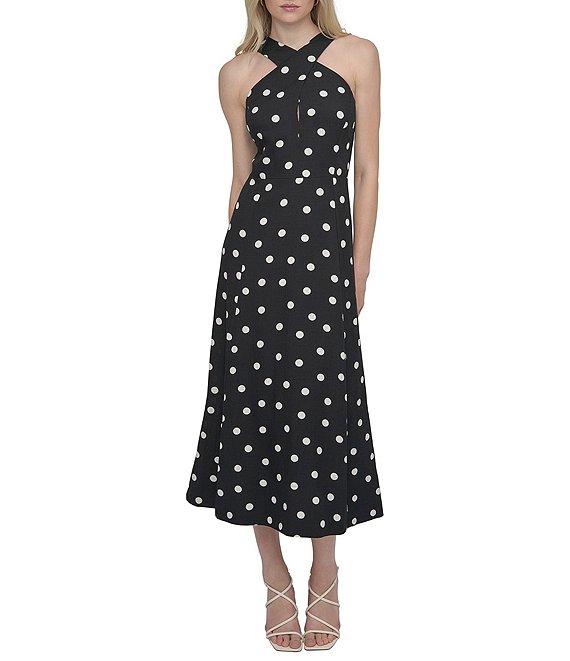 DKNY by Donna Karan Dotted Print Halter Neck Sleeveless A-Line Midi Dress Product Image