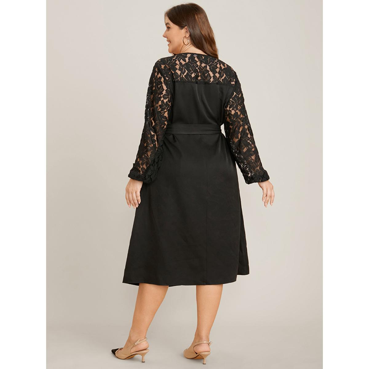 Plus Size Solid Round Neck Belted Contrast Lace Midi Dress Black Women Glamour Patchwork Round Neck Long Sleeve Curvy Midi Dress BloomChic 22-24/3X Product Image
