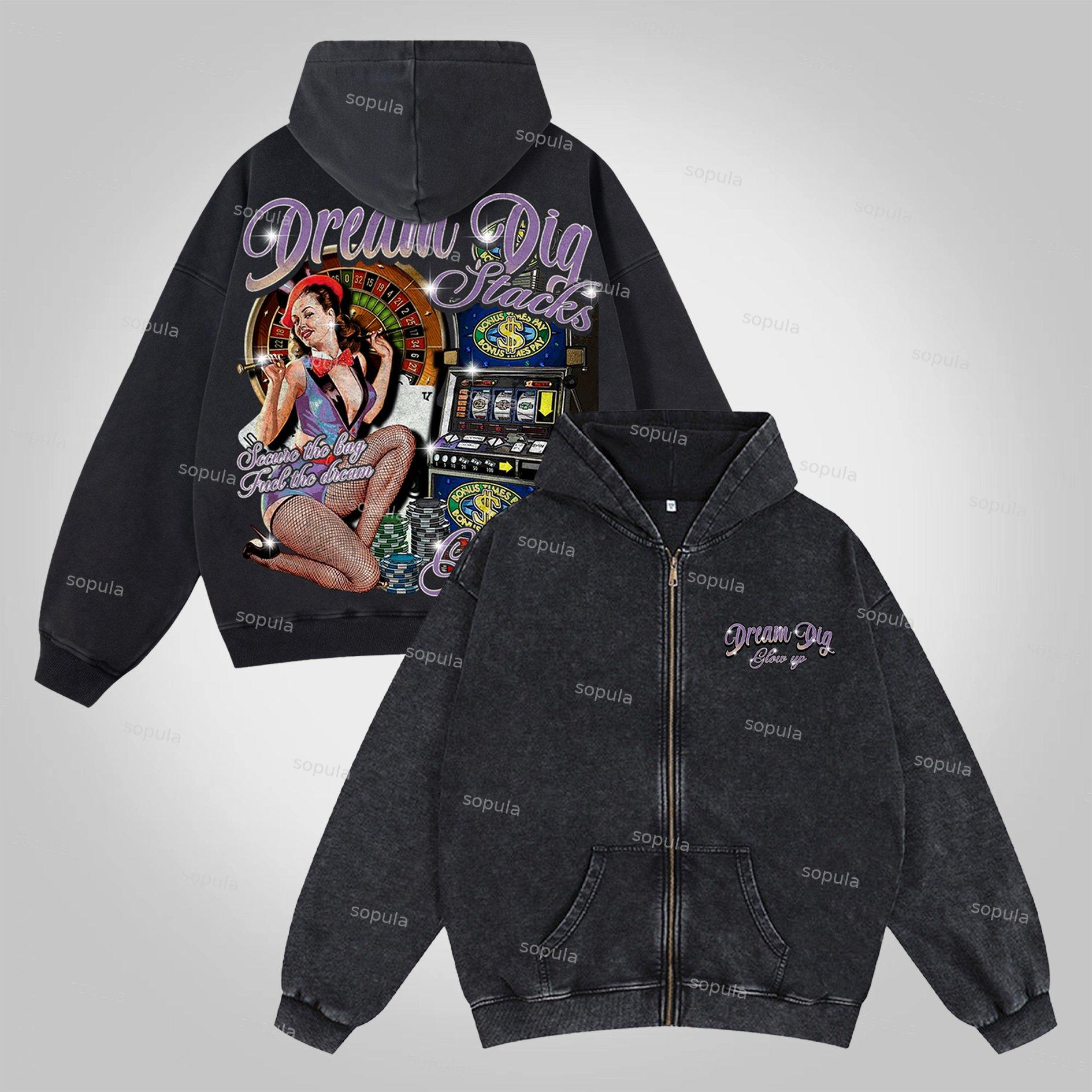Sopula Place Your Bets On Dreams Vintage Graphic Washed Zip-Up Hoodie Product Image