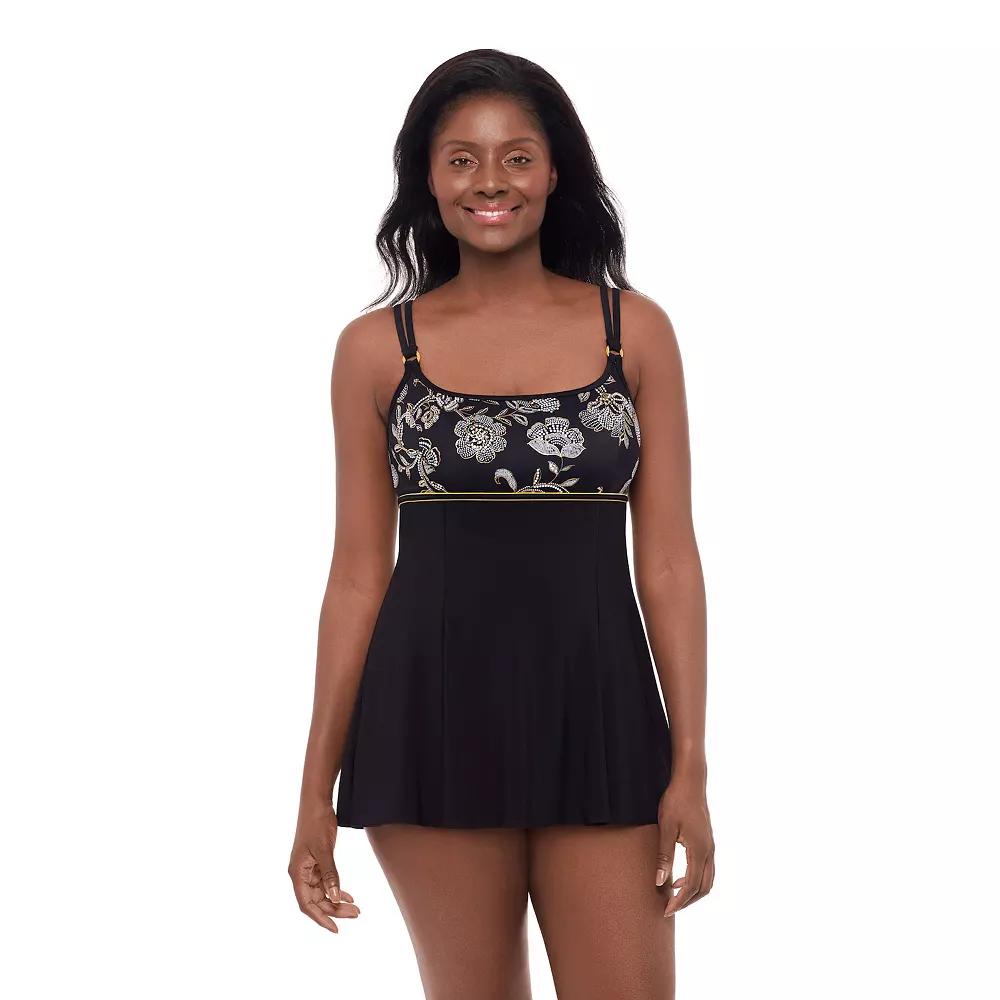 Women's Great Lengths Black Floral Empire Princess Seam Swimdress One-Piece Swimsuit, Size: 24 Product Image