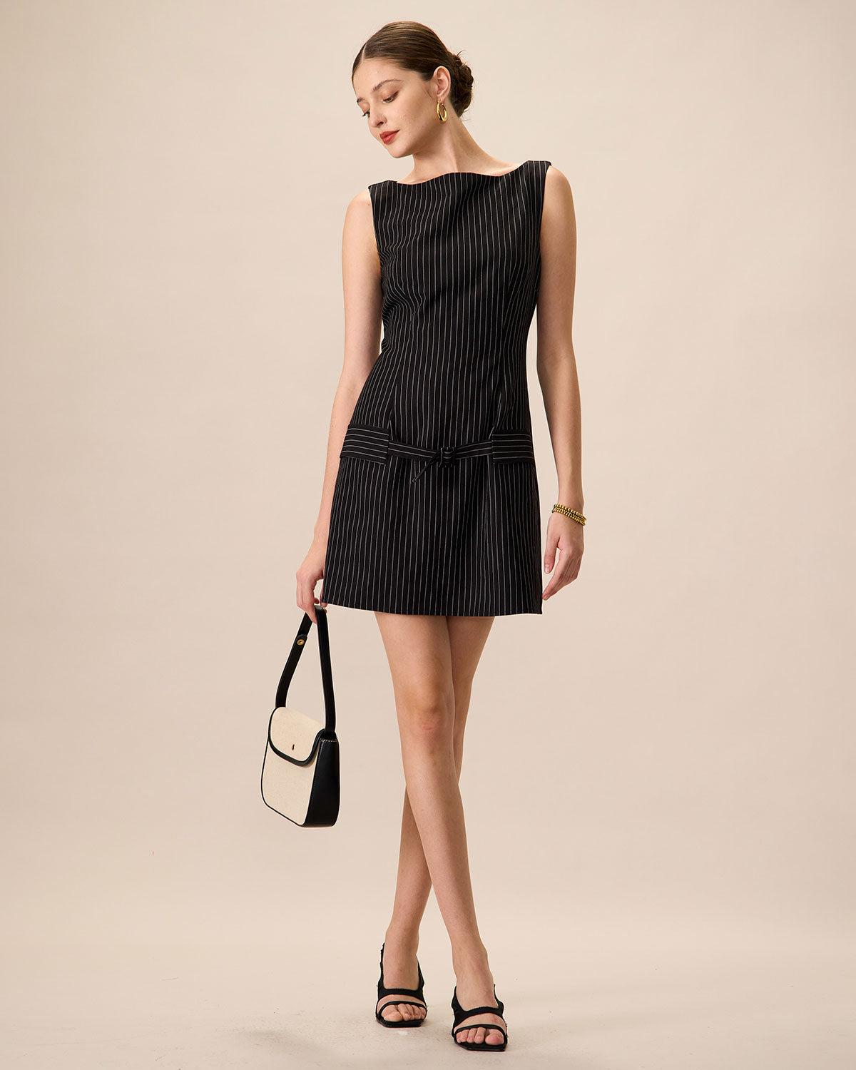 Women's Black Boat Neck Striped Mini Dress Female Product Image