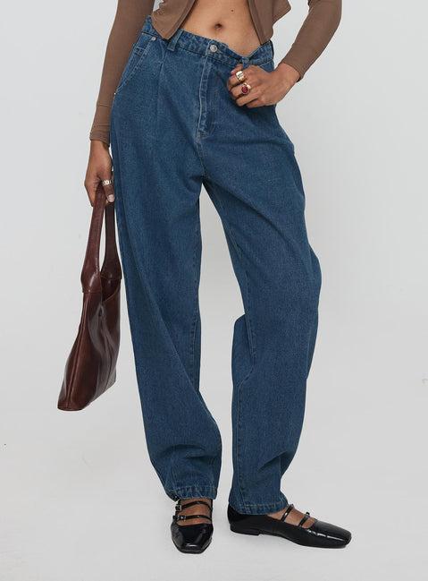 Forestier Mid Rise Barrel Leg Pin Tuck Jeans Mid Blue Product Image