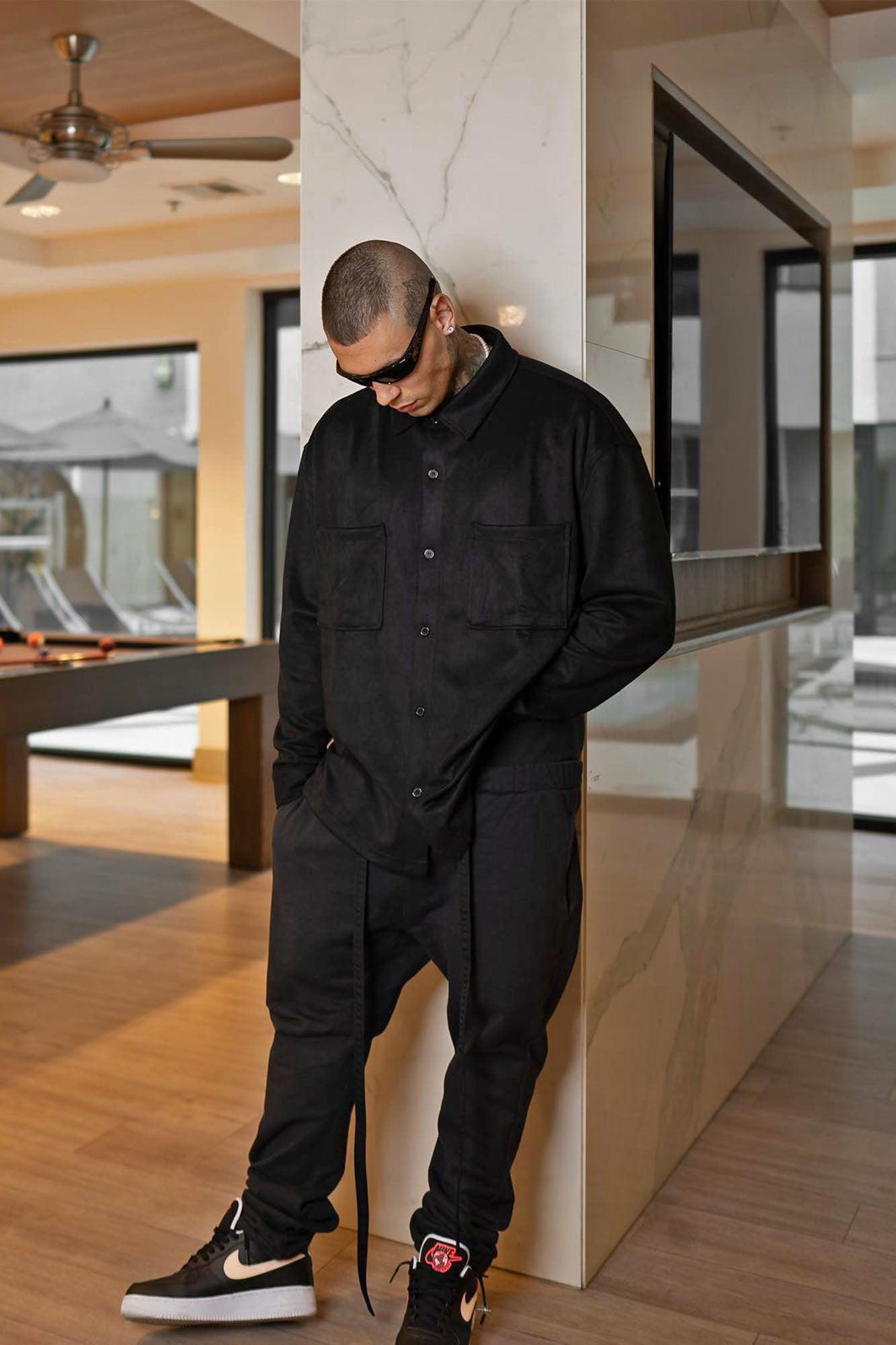 Dre Faux Suede Long Sleeve Button Up Shirt - Black Product Image