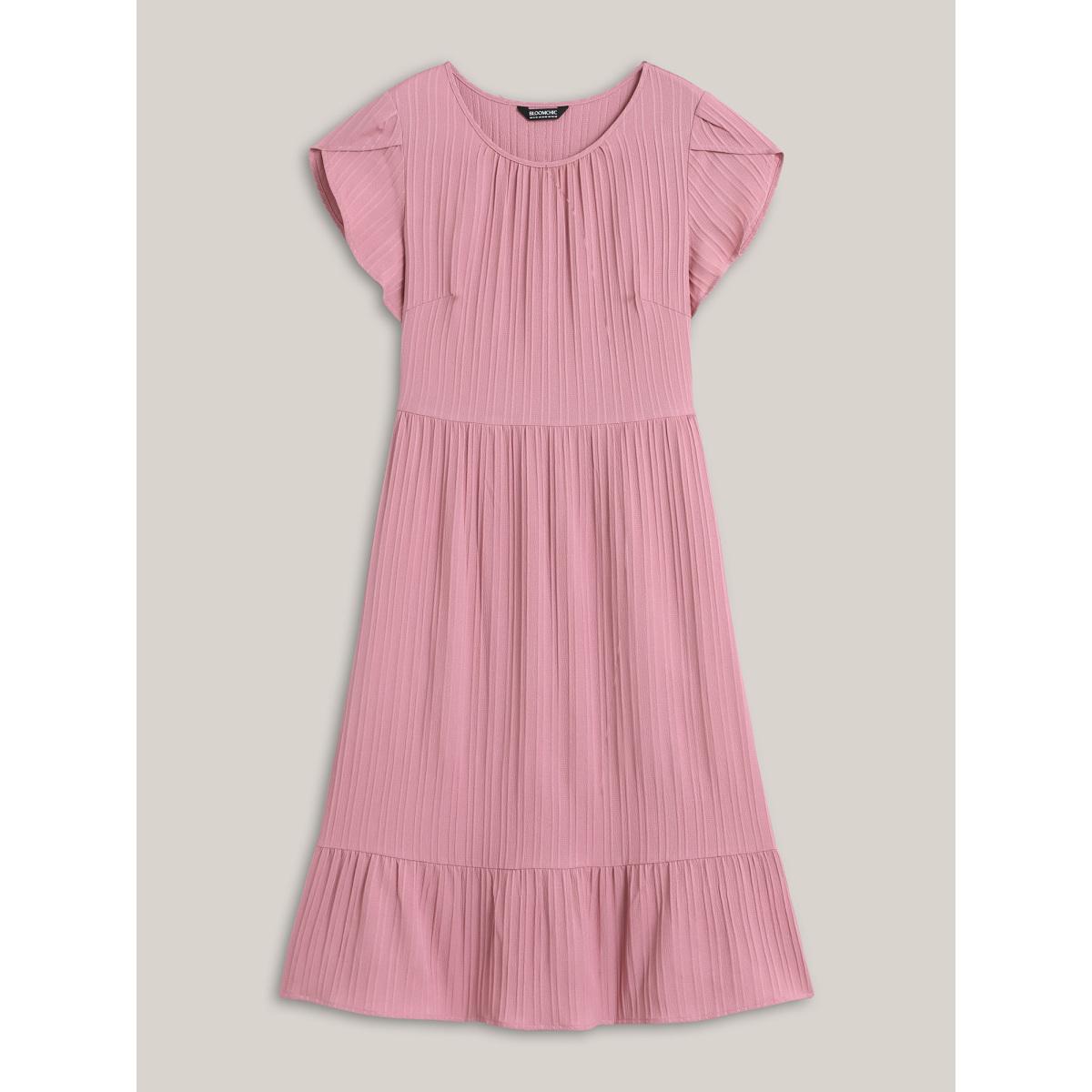 Plus Size Textured Petal Sleeve Pockets Midi Dress Blush Women Elegant Gathered Round Neck Short sleeve Curvy BloomChic 18-20/2X Product Image