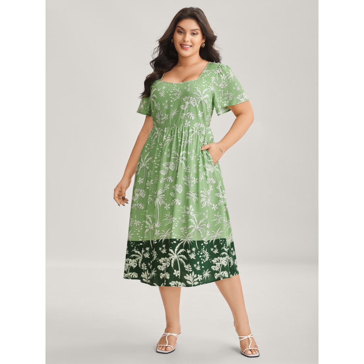 Plus Size Tropical Mood Color Contrast Midi Dress Truegreen Women Heart neckline Short sleeve Curvy BloomChic 26/4X Product Image