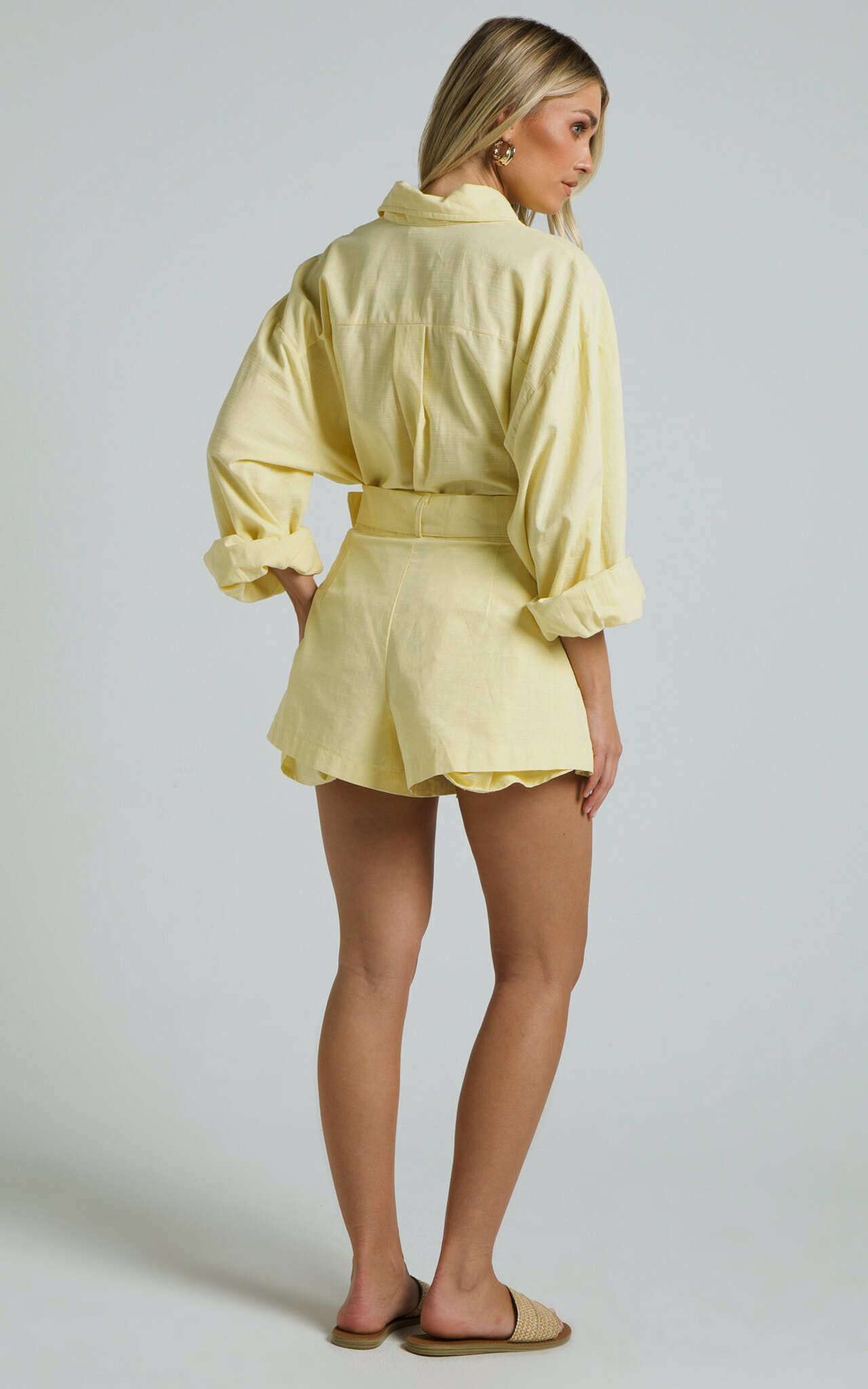 Seraphine Shorts - Linen High Waisted Belted Shorts in Lemon Product Image