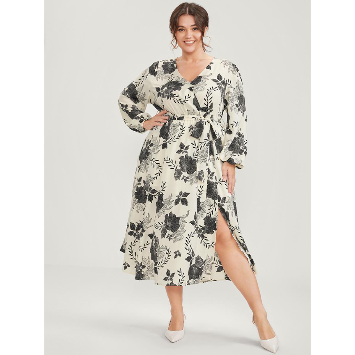 Plus Size Floral Print Lantern Sleeve Pocket Split Belted Dress Beige Women Elegant Belted V-neck Long Sleeve Curvy Midi Dress BloomChic 18-20/2X Product Image