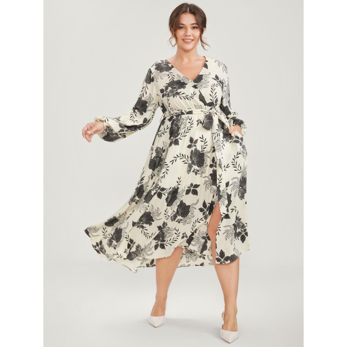 Plus Size Floral Print Lantern Sleeve Pocket Split Belted Dress Beige Women Elegant Belted V-neck Long Sleeve Curvy Midi Dress BloomChic 18-20/2X Product Image