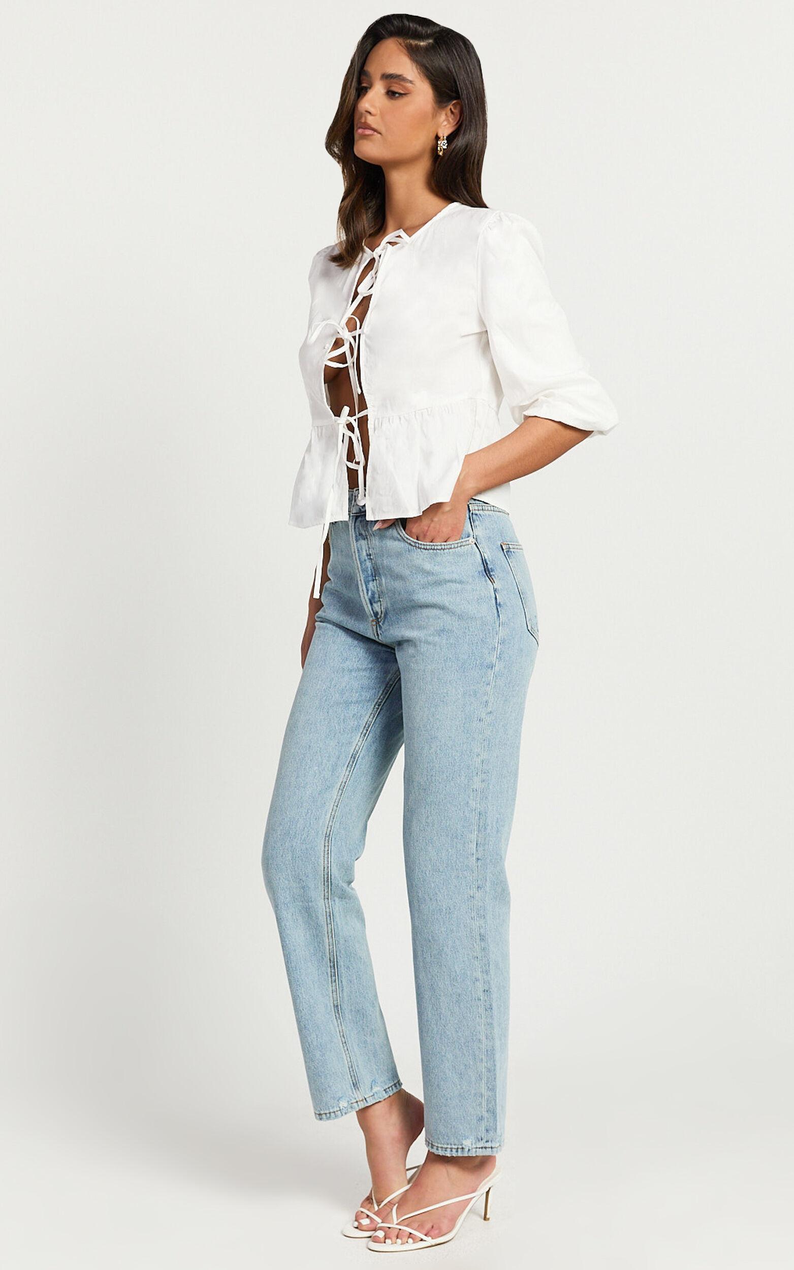 Tara Top - Tie Front Detail Puff Sleeve Top in White Product Image