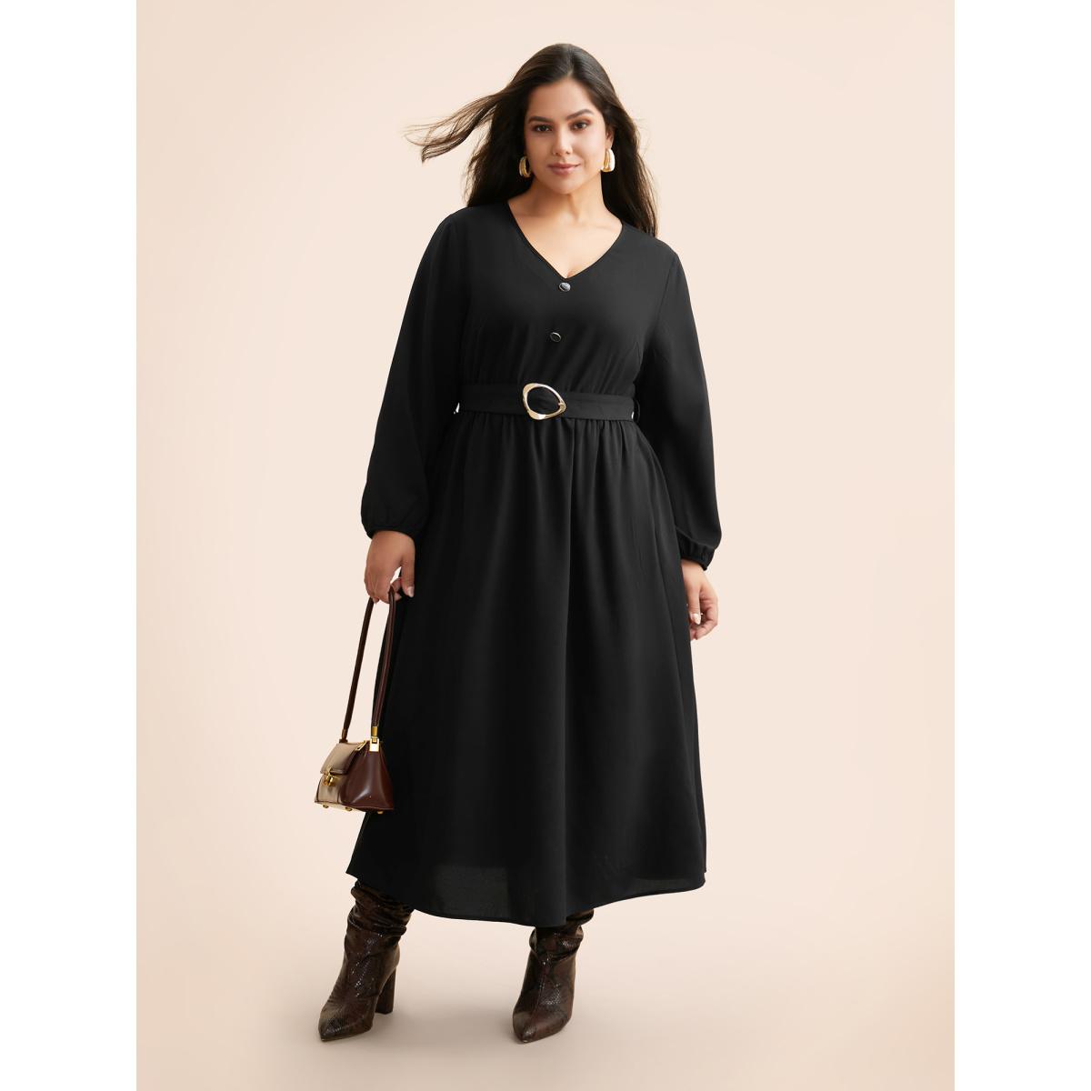 Plus Size V Neck Button Detail Belted Dress Black Women At the Office Belted V-neck Long Sleeve Curvy BloomChic 12/L Product Image