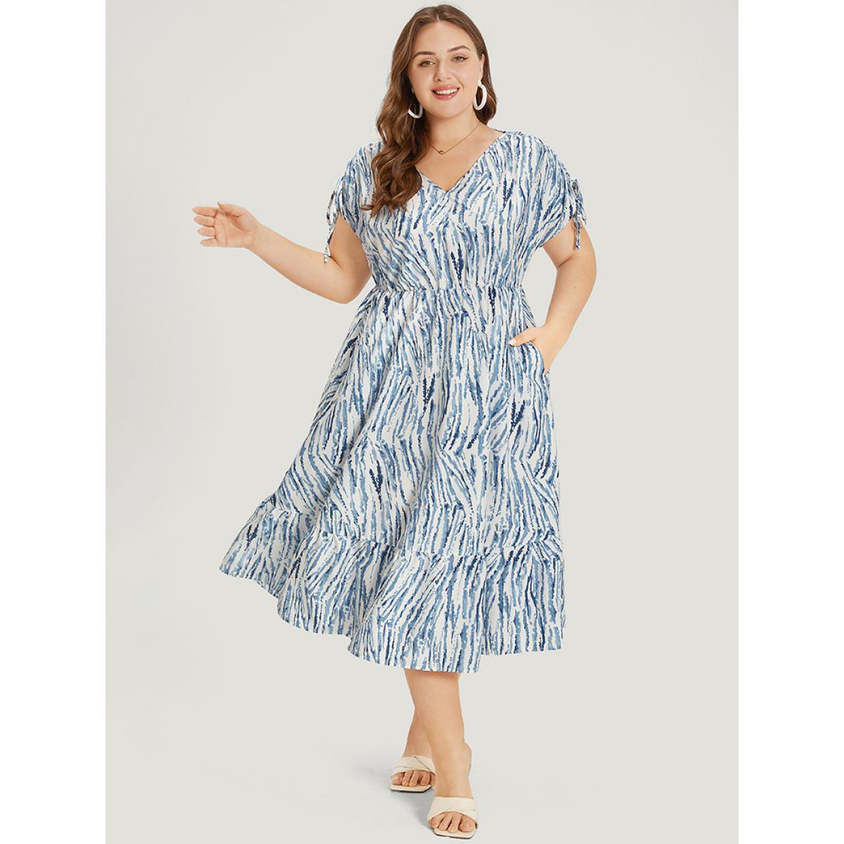 Plus Size Geometric Print Drawstring Pocket Dolman Hem Dress Blue Women Elegant Drawstring V-neck Short sleeve Curvy Midi Dress BloomChic 10/M Product Image