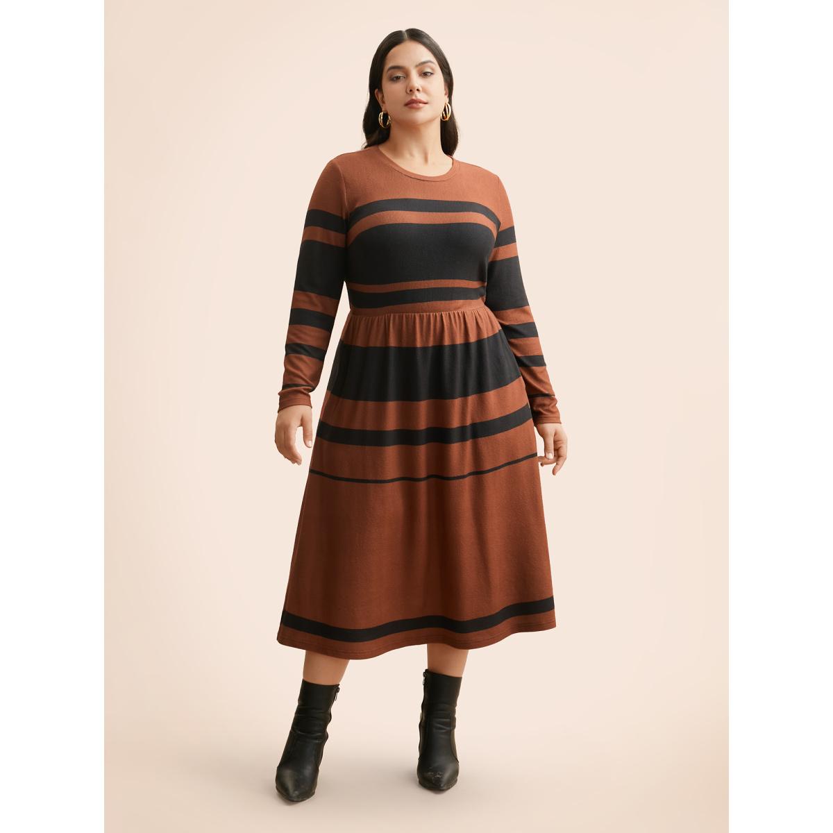 Plus Size Crew Neck Striped Patchwork Elastic Waist Dress Maroon Women At the Office Contrast Round Neck Long Sleeve Curvy BloomChic 30/6X Product Image
