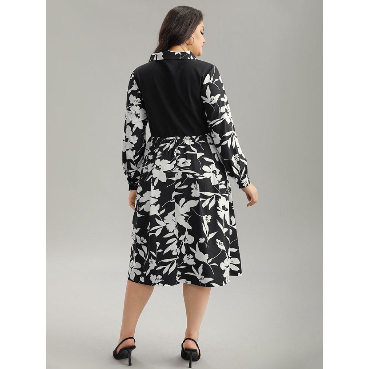 Plus Size Silhouette Floral Print Patchwork Ruffle Hem Dress Black Women Office Printed Lapel Collar Long Sleeve Curvy Midi Dress BloomChic 18-20/2X Product Image