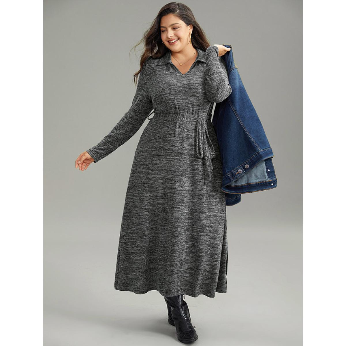 Plus Size Solid Pocket Elastic Waist Ties Split Hem Dress DimGray Women Casual Plain Lapel Collar Long Sleeve Curvy Midi Dress BloomChic 14-16/1X Product Image