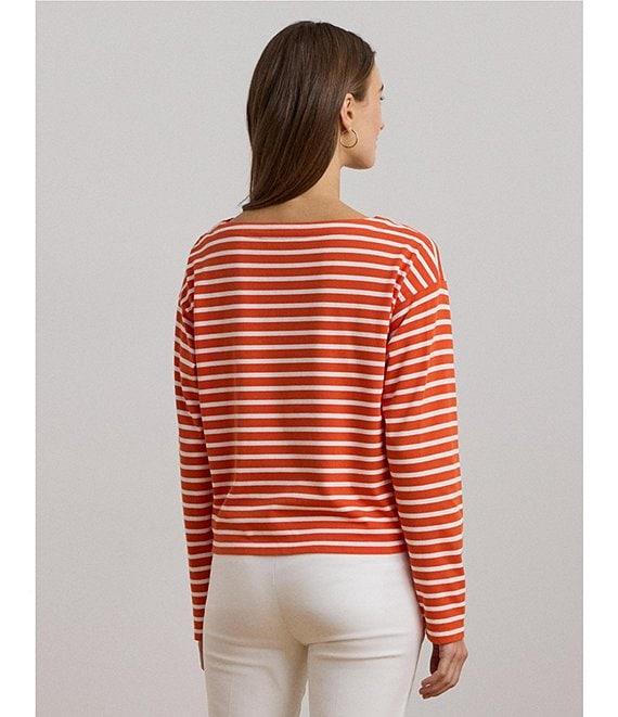 Lauren Ralph Lauren Cotton Jersey Stripe Boat Neck Long Sleeve Top Product Image