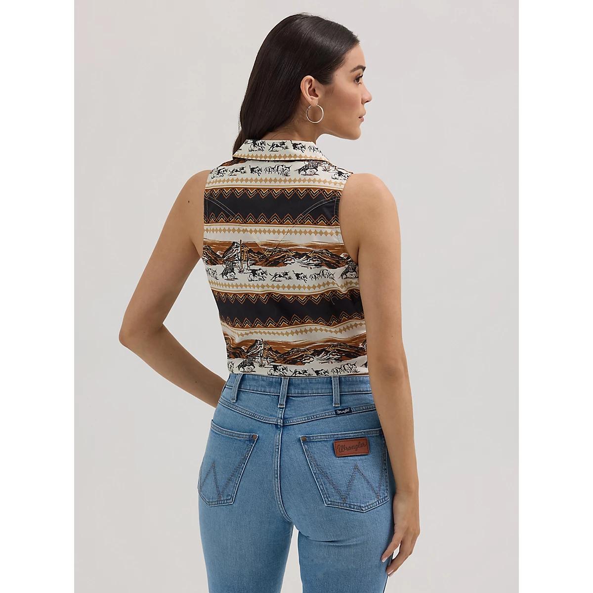 Women's Bold Printed Sleeveless Tie Front Shirt in Horse Stripe Product Image