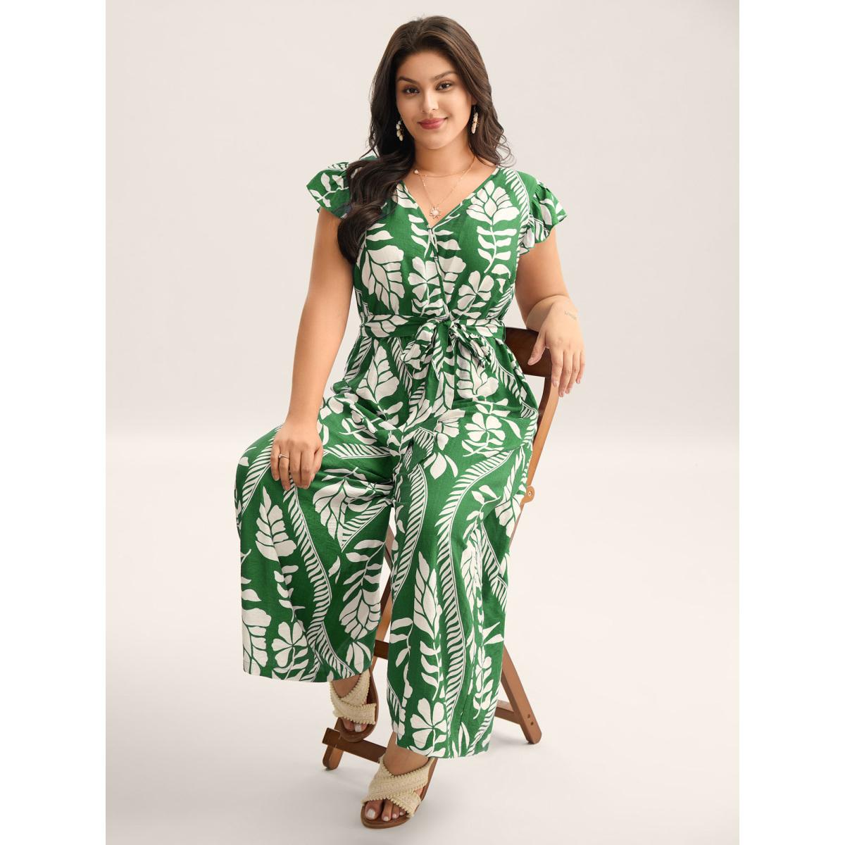 Plus Size DarkGreen Large Floral Print Pockets Jumpsuit Women Resort Cap Sleeve Overlap Collar Vacation Loose Jumpsuits BloomChic 22-24/3X Product Image