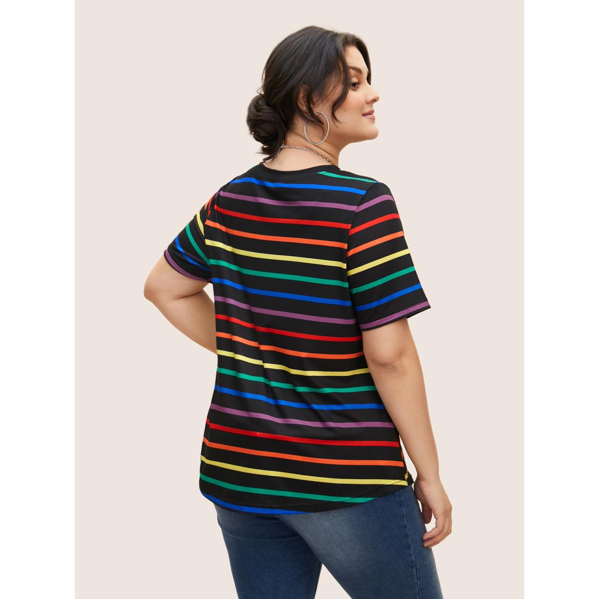Plus Size V Neck Contrast Striped Stretched T-shirt Multicolor Women Casual Contrast V-neck Everyday T-shirts BloomChic 14-16/1X Product Image
