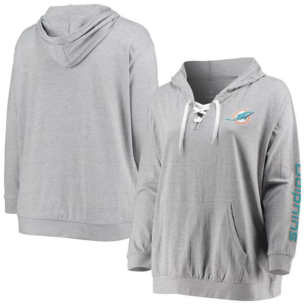 Women's Fanatics Branded Heathered Gray Miami Dolphins Plus Size Lace-Up Pullover Hoodie, Size: 4XL, Grey Product Image