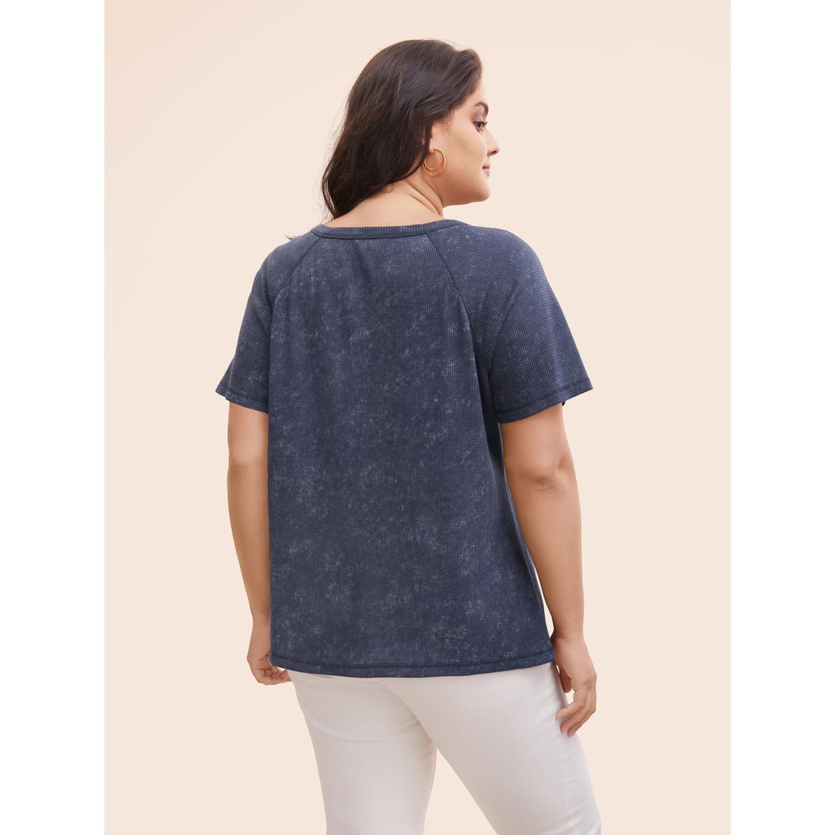 Plus Size Waffle Weathering Front Placket T-shirt Indigo Women Casual Button Round Neck Everyday T-shirts BloomChic 12/L Product Image