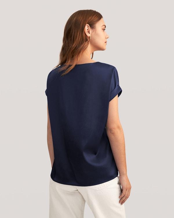 LILYSILK Women Silk Tee Shirts Black Quality Stretchy Silk Soft Classic Round Neck Rolled Cuffs Silk Top XS Product Image