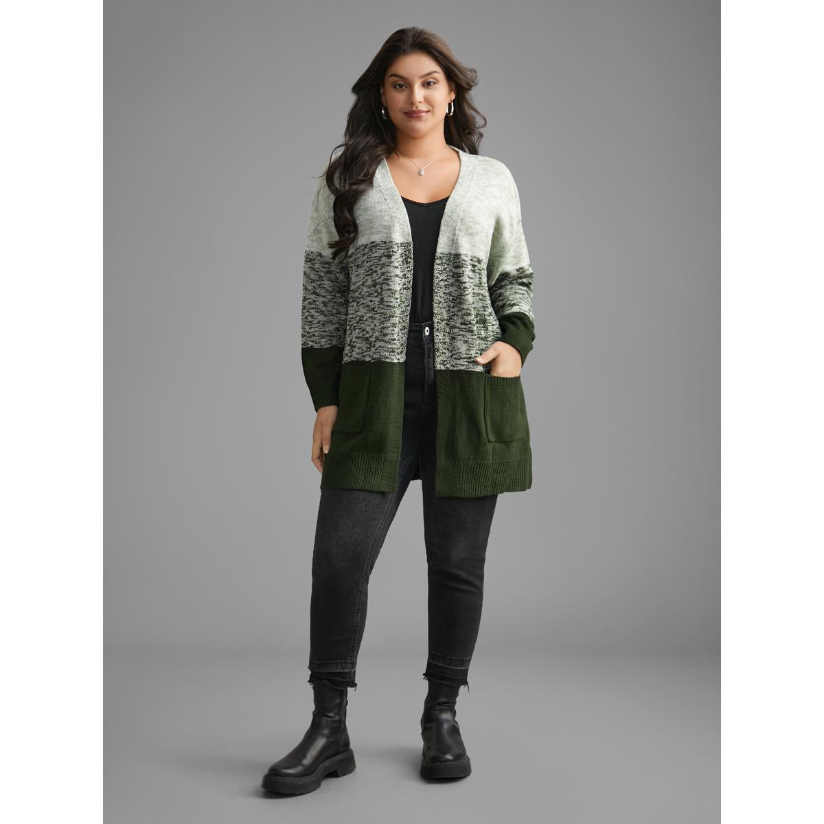 Plus Size Heather Colorblock Contrast Patched Pocket Cardigan ArmyGreen Women Casual Loose Long Sleeve Everyday Cardigans BloomChic 28/5X Product Image