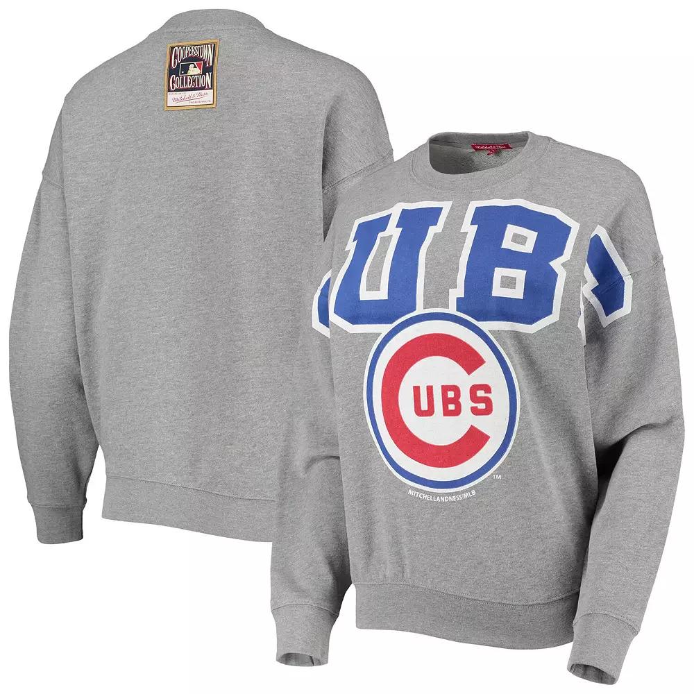 Women's Mitchell & Ness Heathered Gray Chicago Cubs Cooperstown Collection Logo Lightweight Pullover Sweatshirt,  Product Image