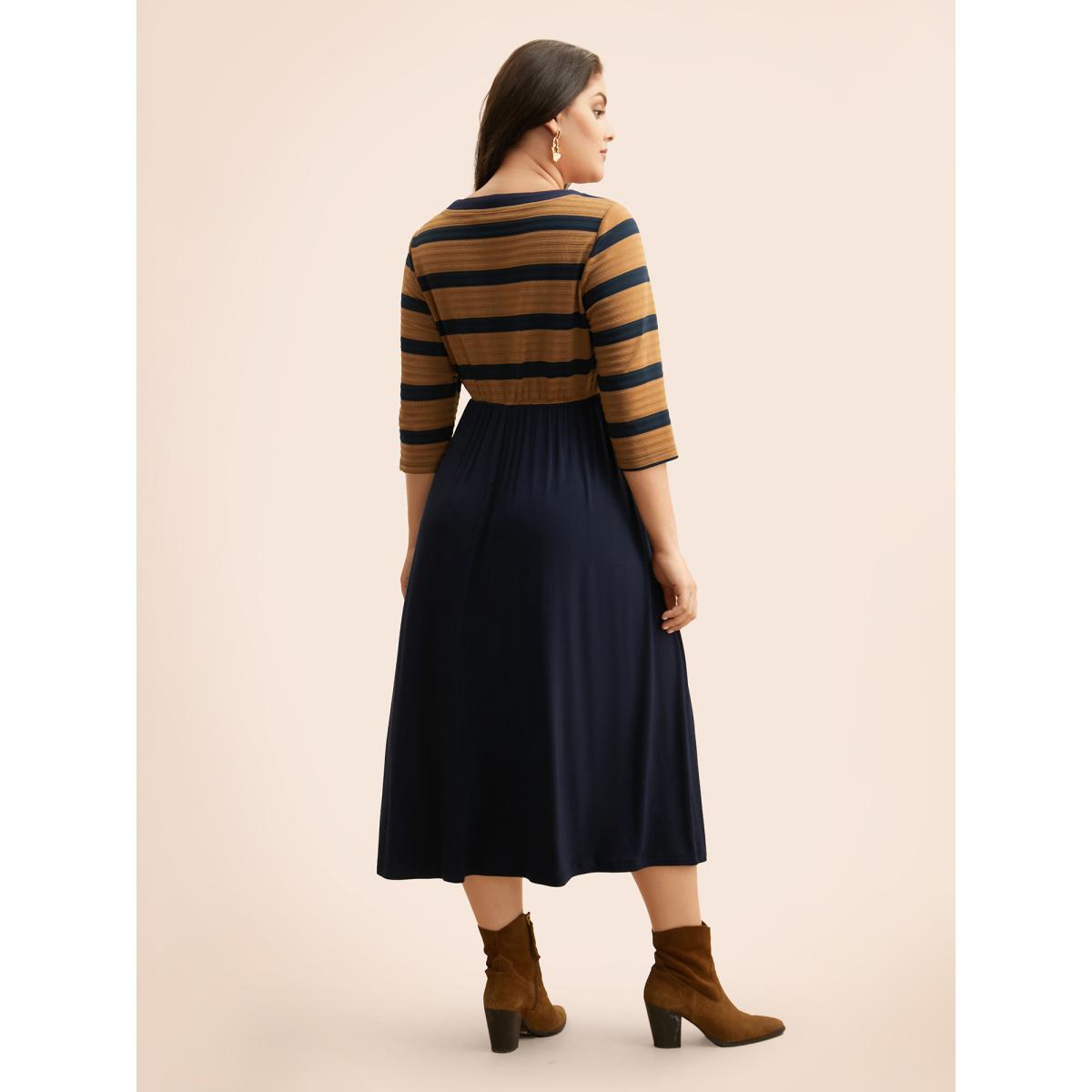 Plus Size Striped Contrast Elastic Waist Dress Yellowishbrown Women Casual Contrast Round Neck Elbow-length sleeve Curvy BloomChic 26/4X Product Image