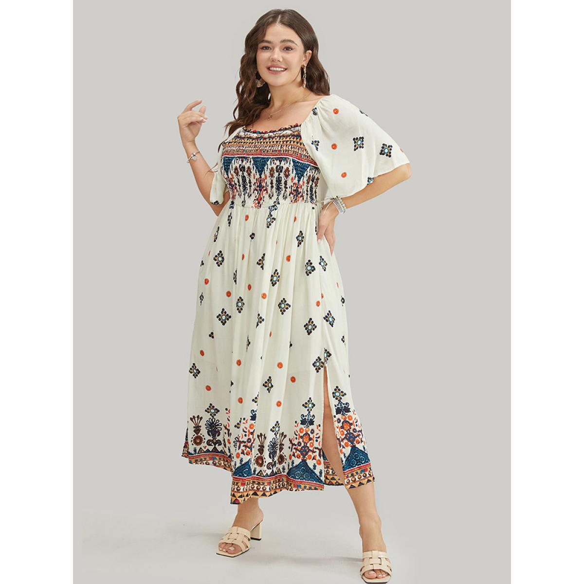 Plus Size Bandana Print Square Neck Pocket Shirred Frill Trim Split Dress Multicolor Women Vacation Frill Trim Square Neck Short sleeve Curvy Midi Dress BloomChic 10/M Product Image