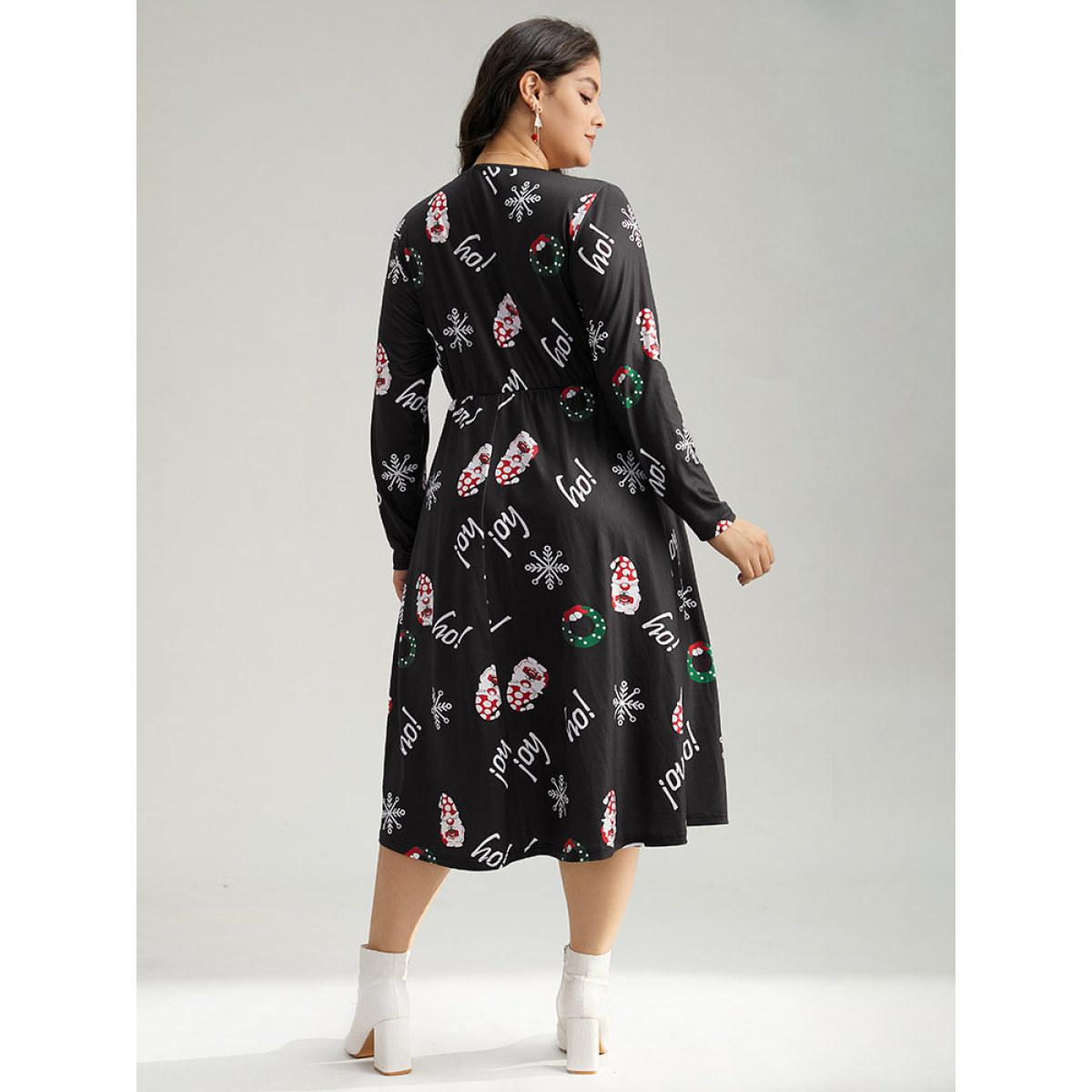 Plus Size Christmas Graphic Button Detail Dress Black Women Elegant Gathered V-neck Long Sleeve Curvy Midi Dress BloomChic 14-16/1X Product Image