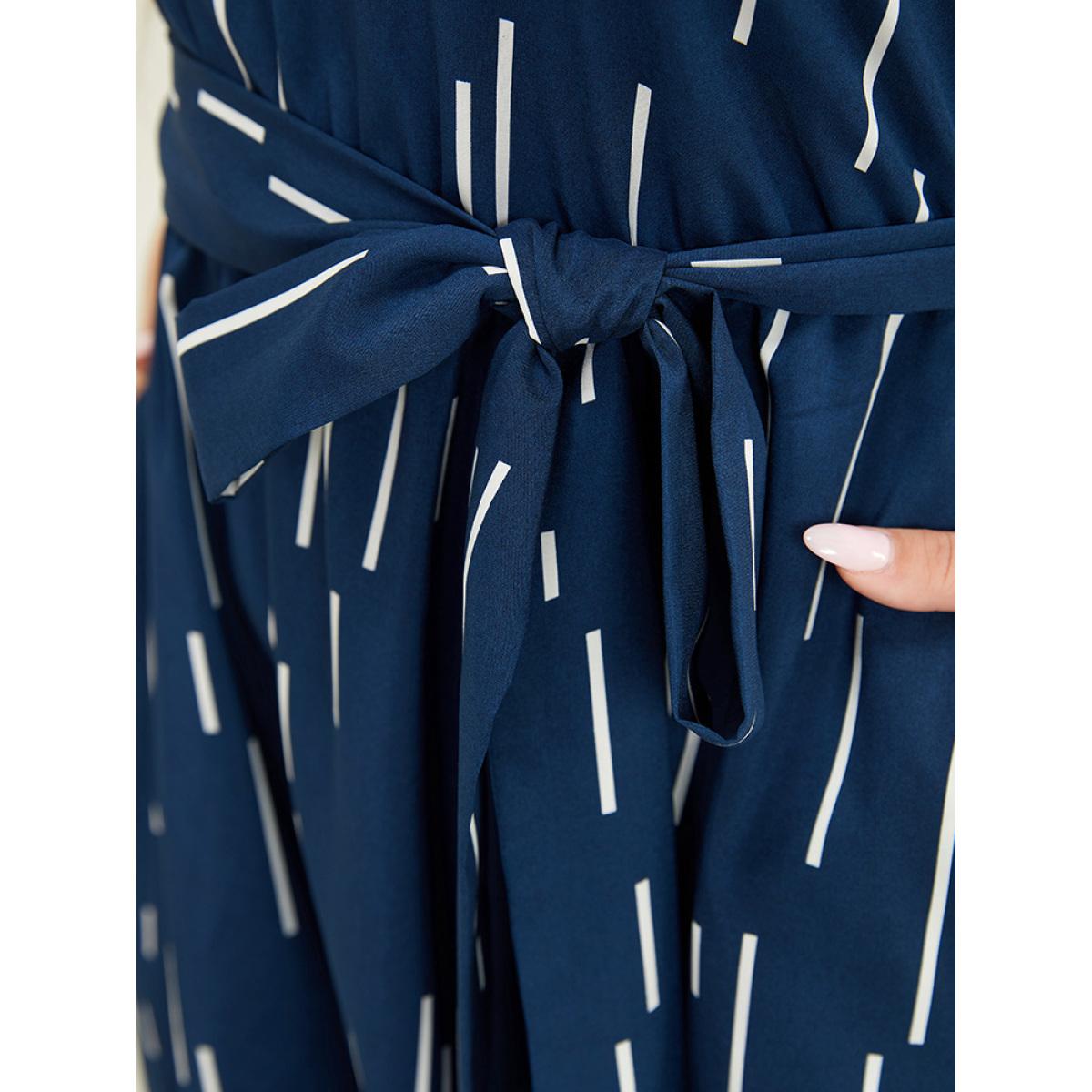 Plus Size Geometric Pocket Ruffle Hem Belted Notched Neck Tank Dress DarkBlue Women Office Cross straps Notched collar Sleeveless Curvy Midi Dress BloomChic 26/4X Product Image