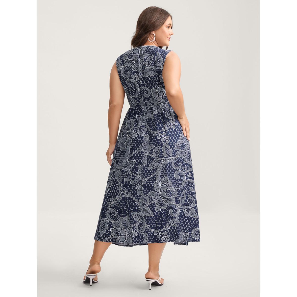 Plus Size Lace-Like Print Cinched-Waist Midi Dress Navy Women V-neck Sleeveless Curvy BloomChic 26/4X Product Image