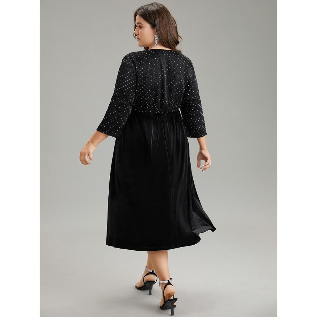 Plus Size Rhinestone Patchwork Velvet Elastic Waist Dress Black Women Glamour Velvet Round Neck Elbow-length sleeve Curvy Midi Dress BloomChic 28/5X Product Image