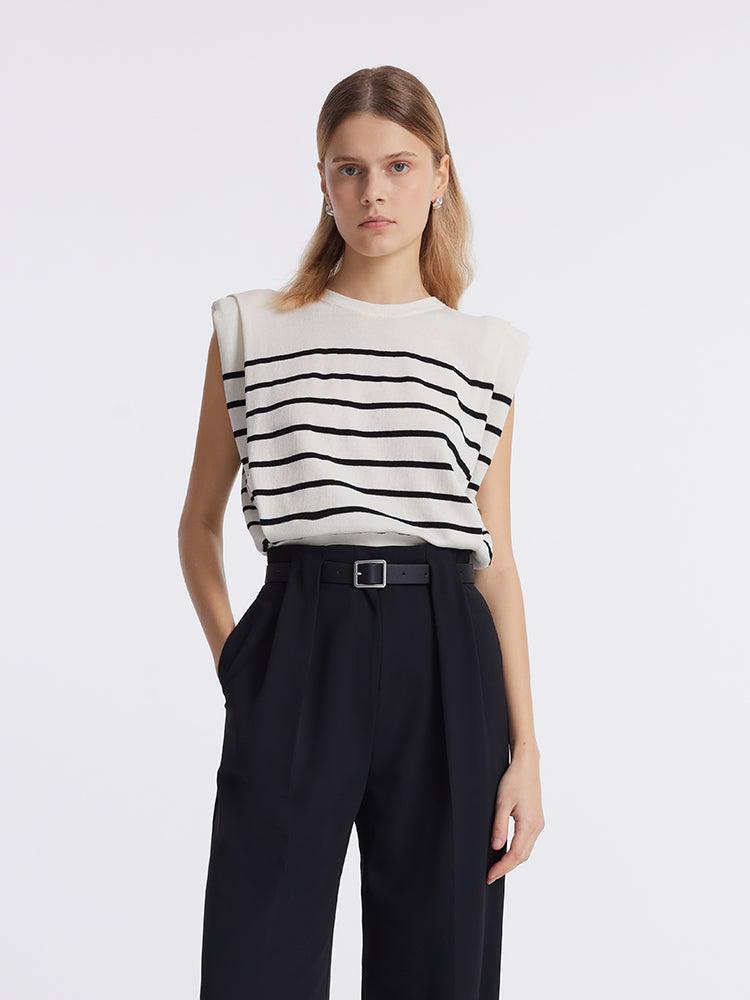 Striped Knitted Women Tank Top With Shoulder Pads Product Image