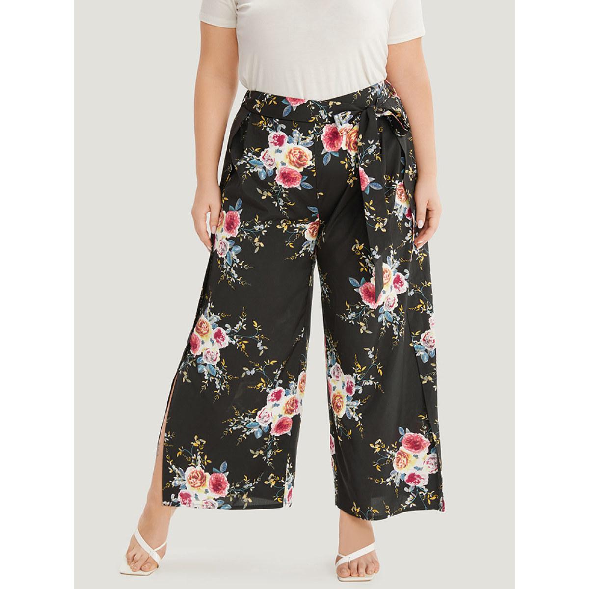 Plus Size Floral Print Belted Split Side Pleated Pants Women BlackFlower Elegant Straight Leg High Rise Dailywear Pants BloomChic 10/M Product Image