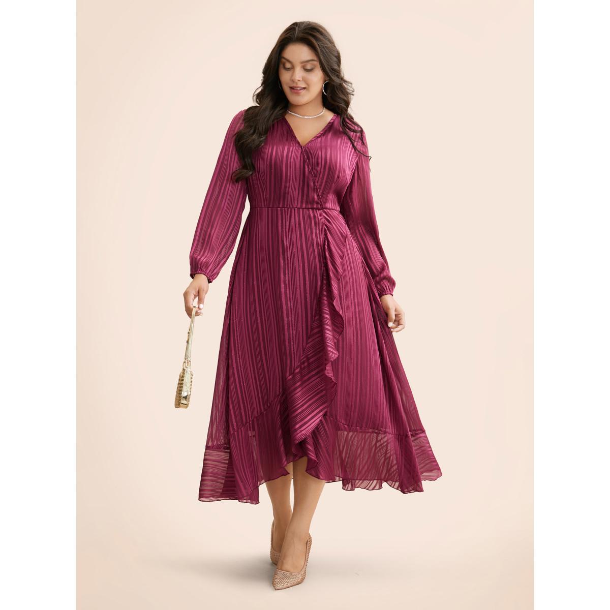 Plus Size Chiffon Overlap Collar Ruffle Trim Dress RedViolet Women Cocktail Texture Party Curvy Bloomchic 12/L Product Image
