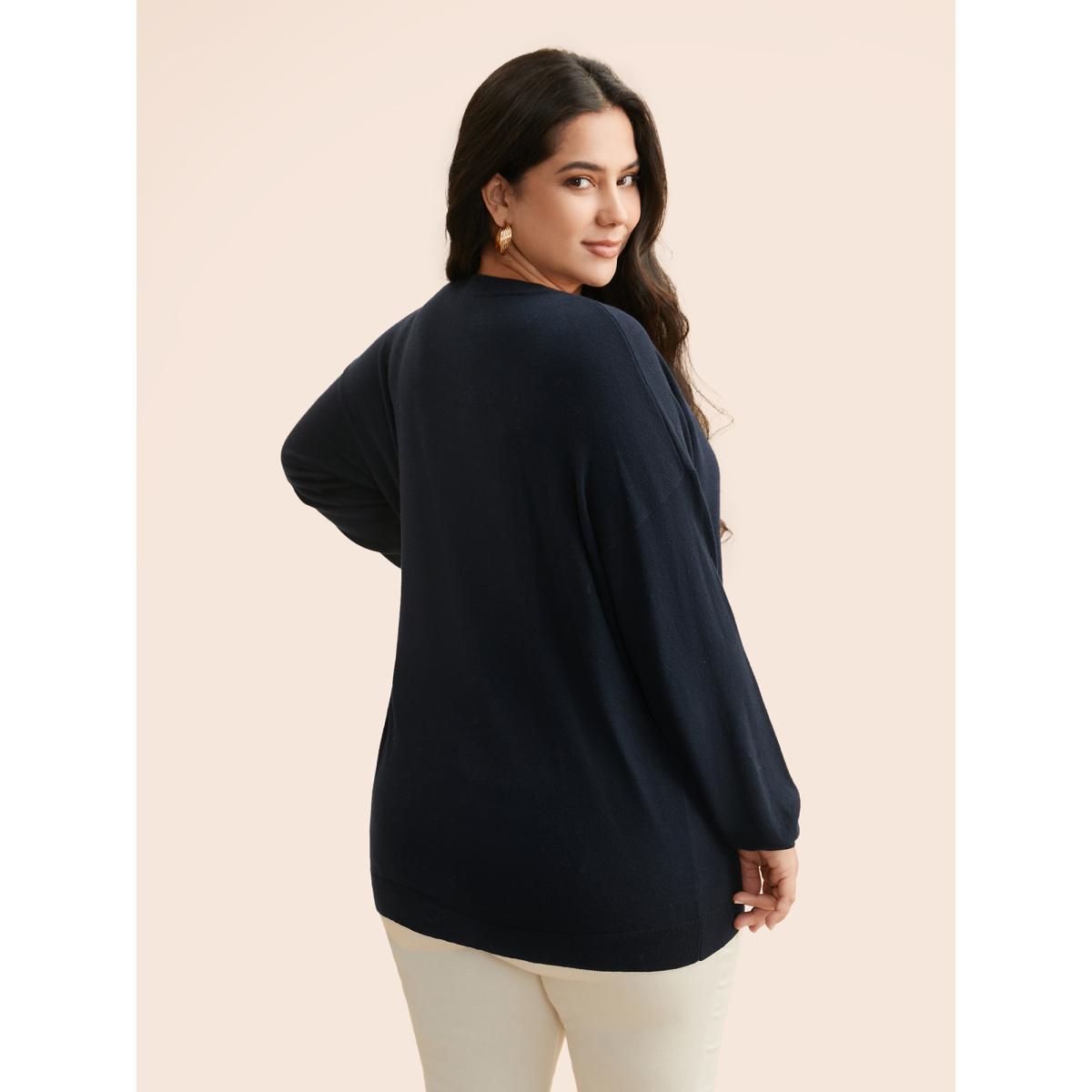 Plus Size Supersoft Chest Pocket Wool Top Indigo Women Casual Loose Long Sleeve Round Neck Everyday Pullovers BloomChic 26/4X Product Image