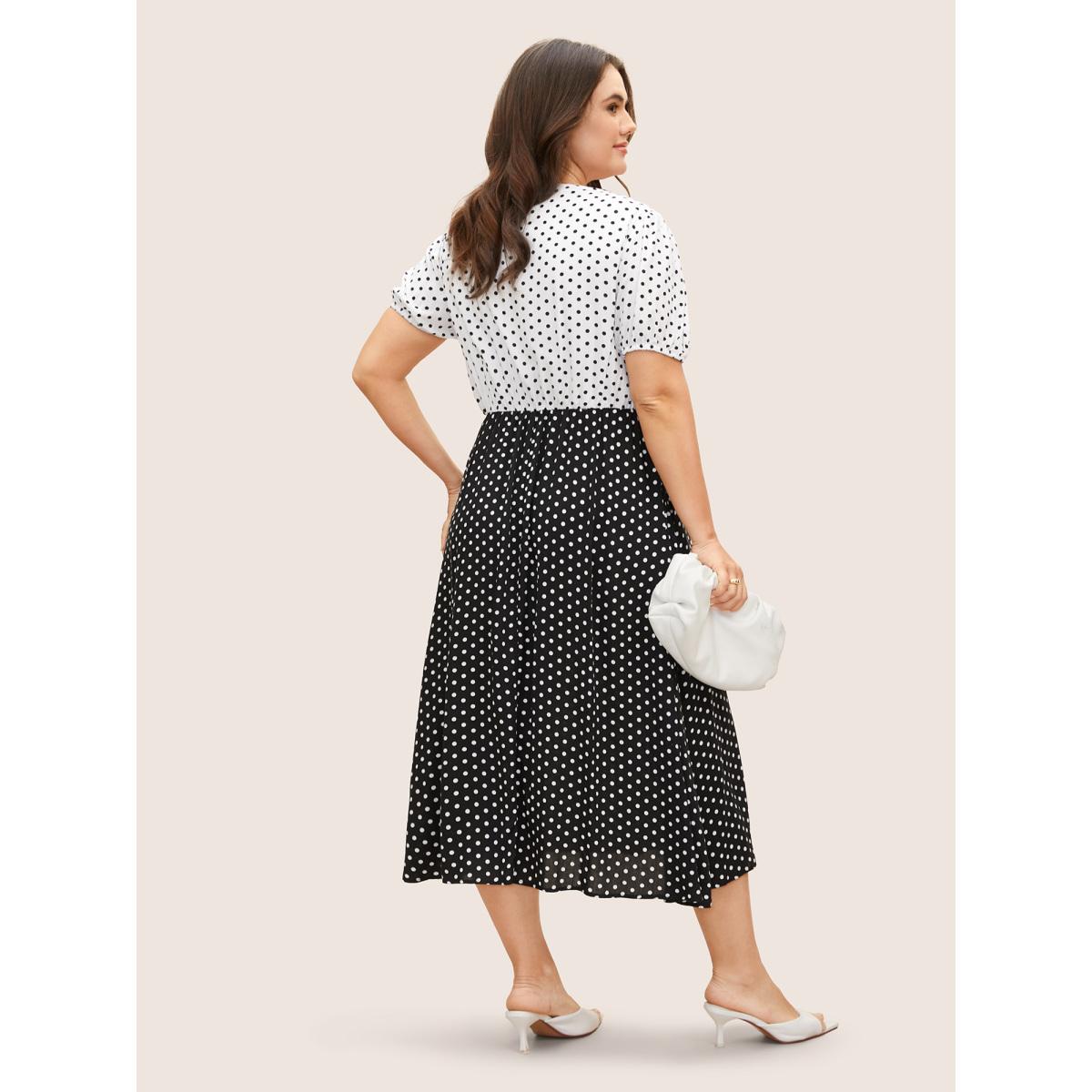 Plus Size Polka Dot Contrast Lantern Sleeve Midi Dress Black Women At the Office Contrast V-neck Short sleeve Curvy BloomChic 12/L Product Image