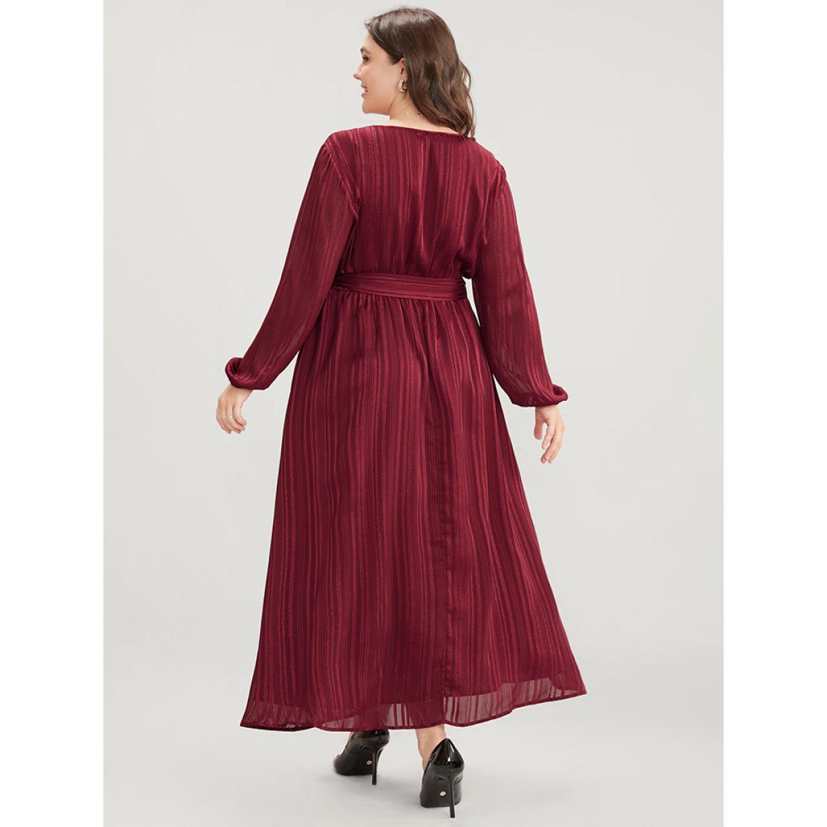 Plus Size Solid Pocket Lantern Sleeve Belted Sequin Dress Burgundy Women Party Pocket V-neck Long Sleeve Curvy Long Dress BloomChic 22-24/3X Product Image