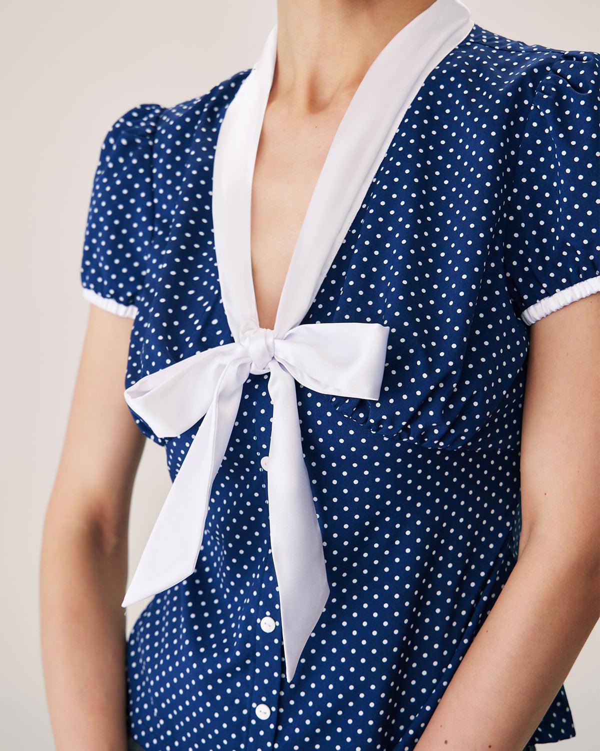 Blue Polka Dot Puffed Sleeve Blouse Product Image