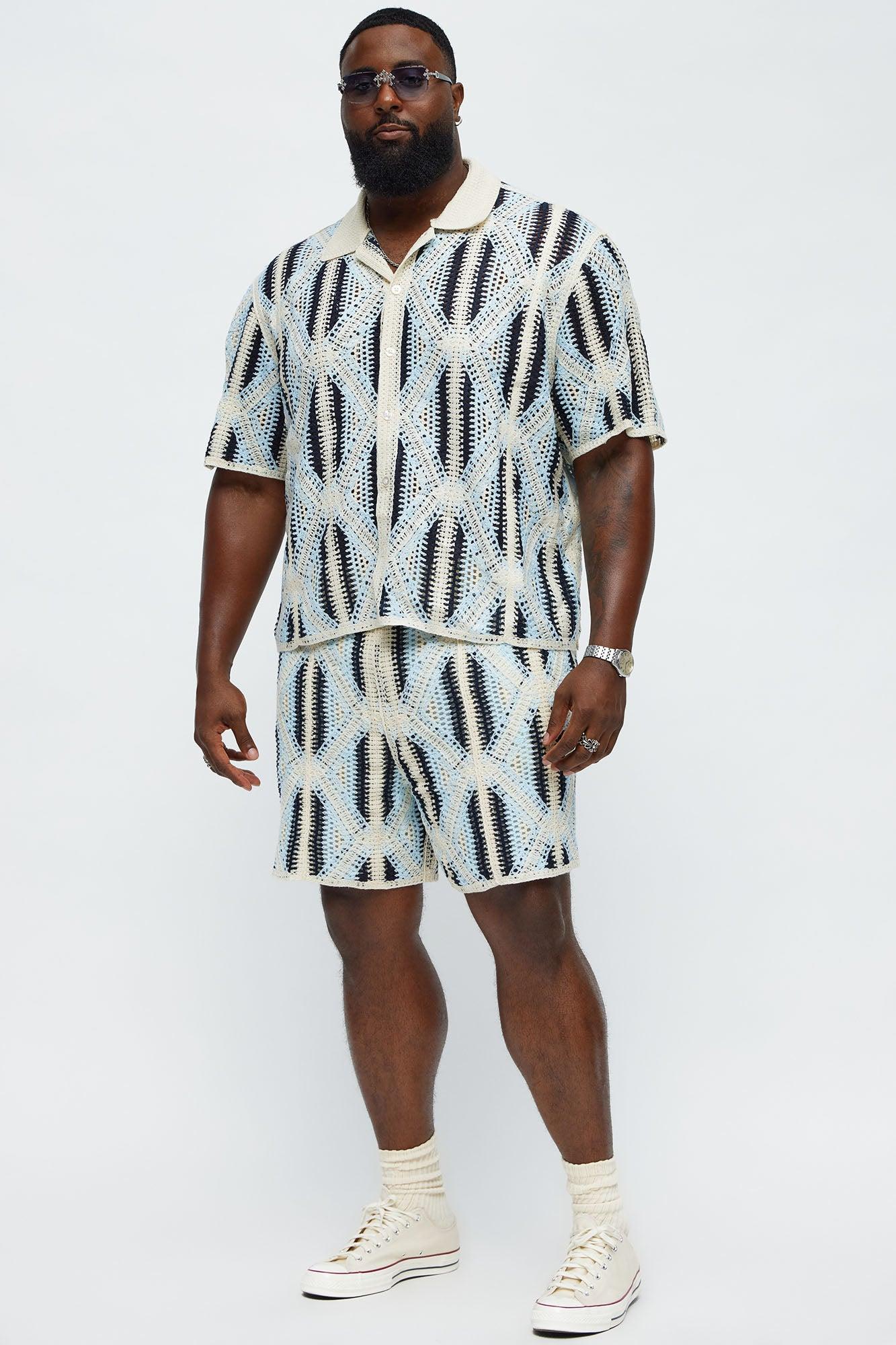 Cropped Relaxed Triangles Knit Closed Collar Shirt - Blue/combo Male Product Image